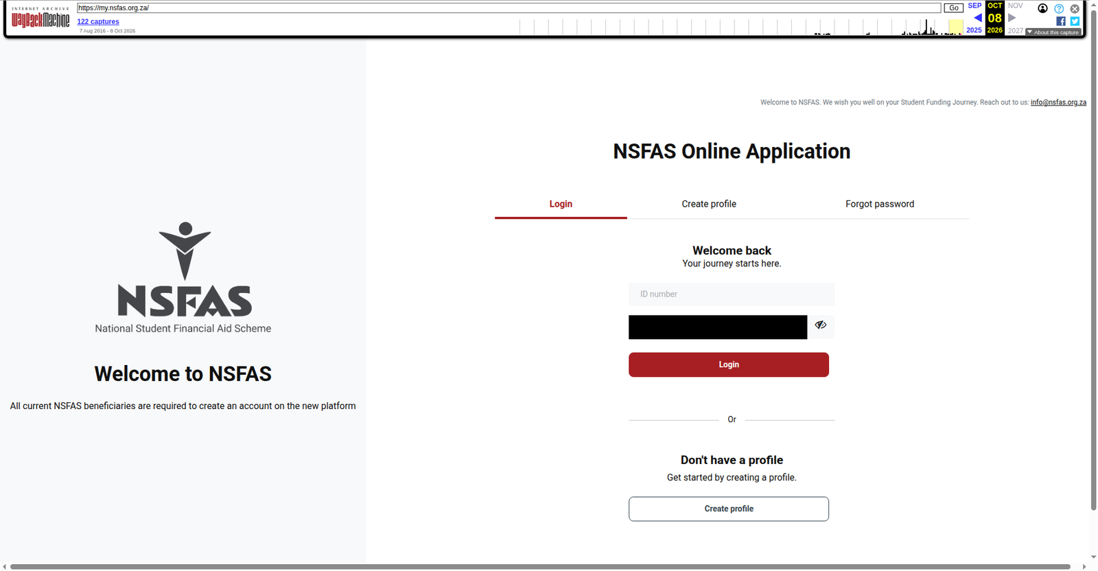 myNSFAS login page — enter your ID number and password to check your NSFAS application status